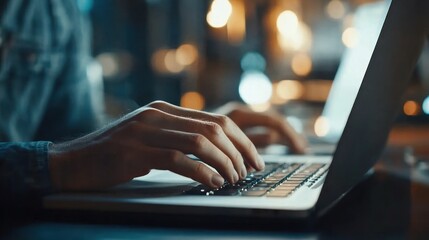 Poster - A close-up of hands typing on a laptop, illuminated by soft background lights.