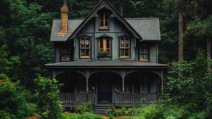 Canvas Print - A vintage-style house nestled in lush greenery, evoking a sense of mystery and nostalgia.