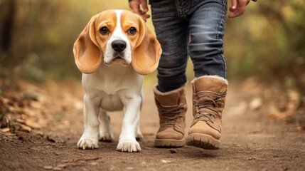 Sticker - A child walking a beagle dog along a forest path in autumn.