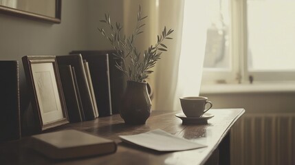 Wall Mural - A serene desk scene with a coffee cup, vase, and framed pictures by a sunlit window.