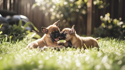 Canvas Print - Two playful puppies interacting in a sunny garden setting.