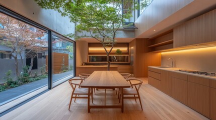 Sticker - Modern dining area featuring a central tree, large windows, and wooden furnishings.