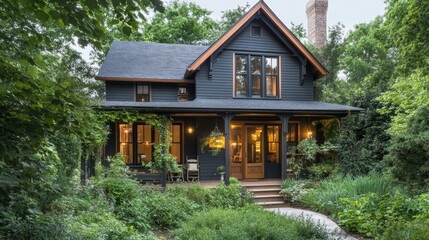 Canvas Print - A charming dark-colored house surrounded by lush greenery and warm lighting.