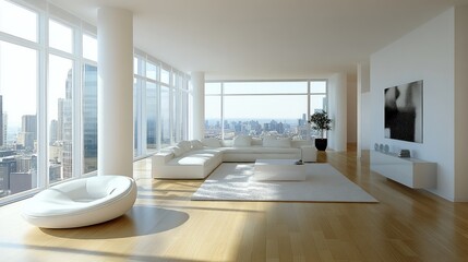 Wall Mural - Modern living room with large windows offering a city view.