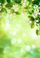 Branches of blossoming flowering plants on natural blurry background. Fresh green tree leaves of light outdoors sun on summer. Spring flowers in sun flares. Close-up, copy space.  Cherry blossoms on p