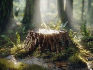 Poster - A sunlit forest scene featuring a moss-covered tree stump surrounded by greenery.