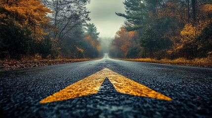 A straight road with an arrow painted 