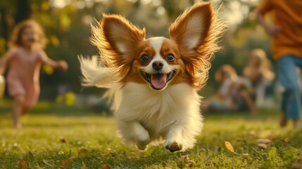 Canvas Print - A joyful dog runs through a park while children play in the background.