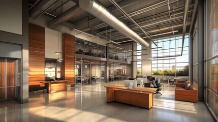 Wall Mural - Modern office interior featuring open space, workstations, and natural light.