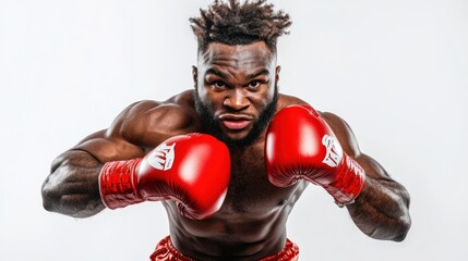 Wall Mural - A muscular boxer poses aggressively, showcasing athleticism and strength in red gloves.