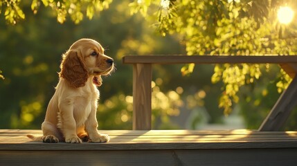 Poster - A golden puppy sitting on a wooden surface, illuminated by soft sunlight through leaves.