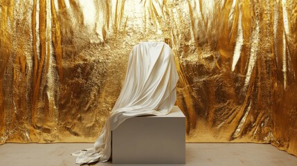 Sticker - A draped figure on a pedestal against a shimmering gold backdrop.