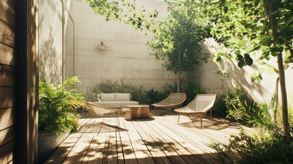 Sticker - A serene outdoor space with seating and greenery, perfect for relaxation or social gatherings.