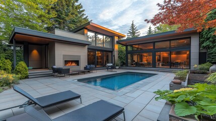 Sticker - Modern backyard with a pool, lounge chairs, and contemporary architecture surrounded by greenery.