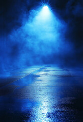 Wall Mural - A dark empty street dark blue background an empty dark scene neon light spotlights the asphalt floor and studio room with smoke float up the interior texture