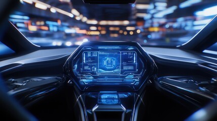 Poster - Futuristic car interior featuring a high-tech dashboard with glowing displays and controls.