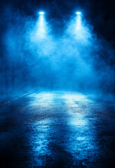 Wall Mural - a dark empty street dark blue background an empty dark scene neon light spotlights the asphalt floor
