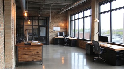 Wall Mural - Modern office space with large windows, desks, and computers for a professional environment.