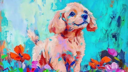 Wall Mural - A vibrant, colorful painting of a playful puppy surrounded by flowers.