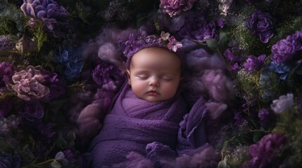 Wall Mural - A serene newborn swaddled in purple surrounded by vibrant flowers.