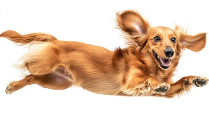 Poster - A joyful dog with long fur leaps playfully against a white background.