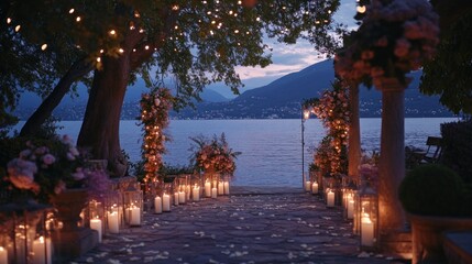 Poster - A romantic outdoor setting by the water, adorned with flowers and candles for a wedding.