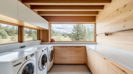 Wall Mural - Modern laundry room with large window and natural light.