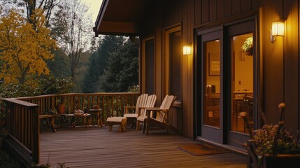 Poster - A cozy porch at dusk with seating, inviting warmth, and surrounding nature.