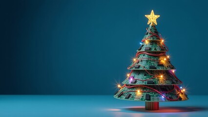 IT Christmas tree made of microcircuits, boards and wires over blue background. Technology banner with copy space. Festive mood of Xmas and New Year holidays celebration in tech