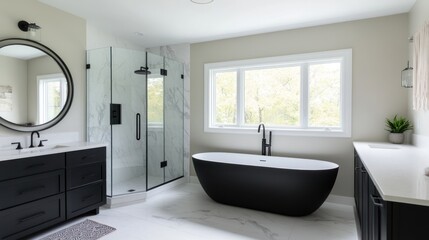 Poster - Modern bathroom featuring a sleek design with a freestanding tub and glass shower.