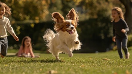 Canvas Print - A joyful dog runs playfully in a park while children play around.