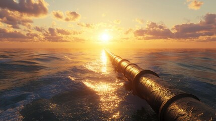 Wall Mural - An oil pipeline extending into the sea with the sun setting on the horizon, symbolizing energy transport and environmental impact