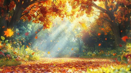 Sticker - A serene autumn landscape with sunlight filtering through colorful trees and falling leaves.