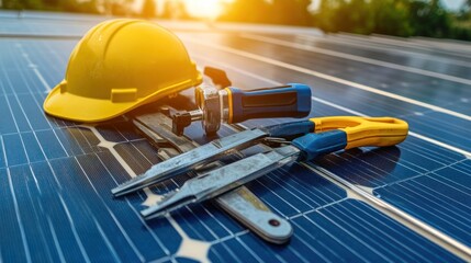 Poster - A hard hat and tools on solar panels, symbolizing renewable energy work.