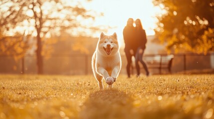 Poster - A playful dog runs joyfully in a sunlit park while a couple strolls in the background.