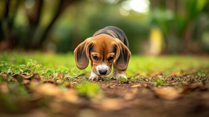 Canvas Print - A beagle puppy sniffing the ground in a lush, green outdoor setting.