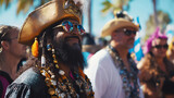 colorful pirate with gold hat and sunglasses at carnival
