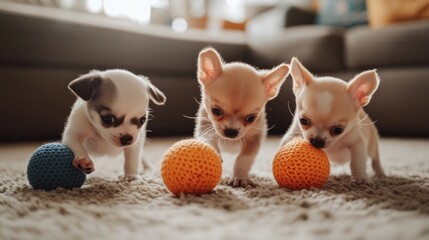 Wall Mural - Three playful puppies engaging with colorful balls on a soft carpet.