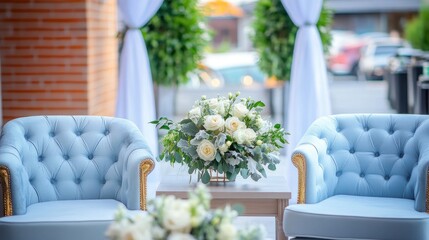 Sticker - A cozy seating area with floral arrangement, perfect for events or gatherings.