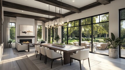 Canvas Print - Modern dining area with large windows, natural light, and a view of an outdoor patio.