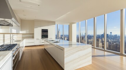 Wall Mural - Modern kitchen with panoramic city views showcasing sleek design and elegance.