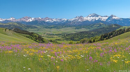 Poster - A vibrant landscape featuring wildflowers and snow-capped mountains under a clear blue sky.