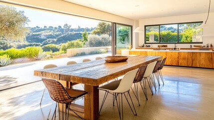 Sticker - Modern dining area with a wooden table and scenic views of nature.