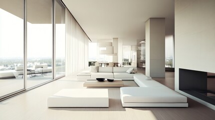 Poster - Modern, spacious living room with large windows and minimalist furniture.