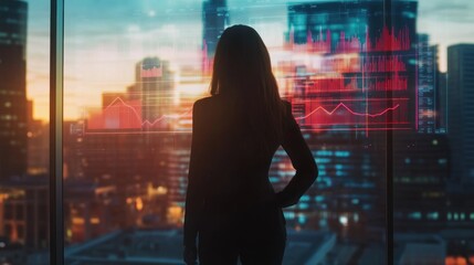 Poster - A silhouette of a person overlooking a cityscape with data visualizations at sunset.