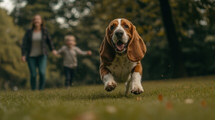 Canvas Print - A joyful dog runs towards the camera while a woman and child walk in the background.