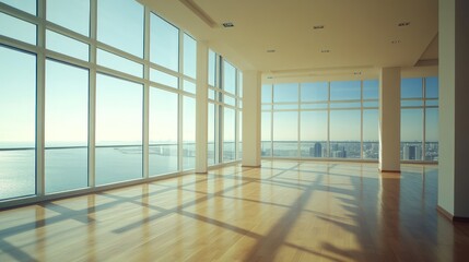 Sticker - A spacious, modern room with large windows offering a view of the city and water.