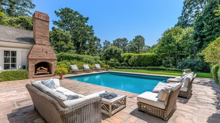 Poster - A serene outdoor space featuring a pool, lounge chairs, and a brick fireplace.