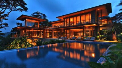 Sticker - A modern luxury villa illuminated at dusk, featuring a pool and lush landscaping.