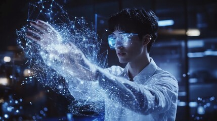 Wall Mural - a person manipulating digital data with holographic visuals in a futuristic setting.